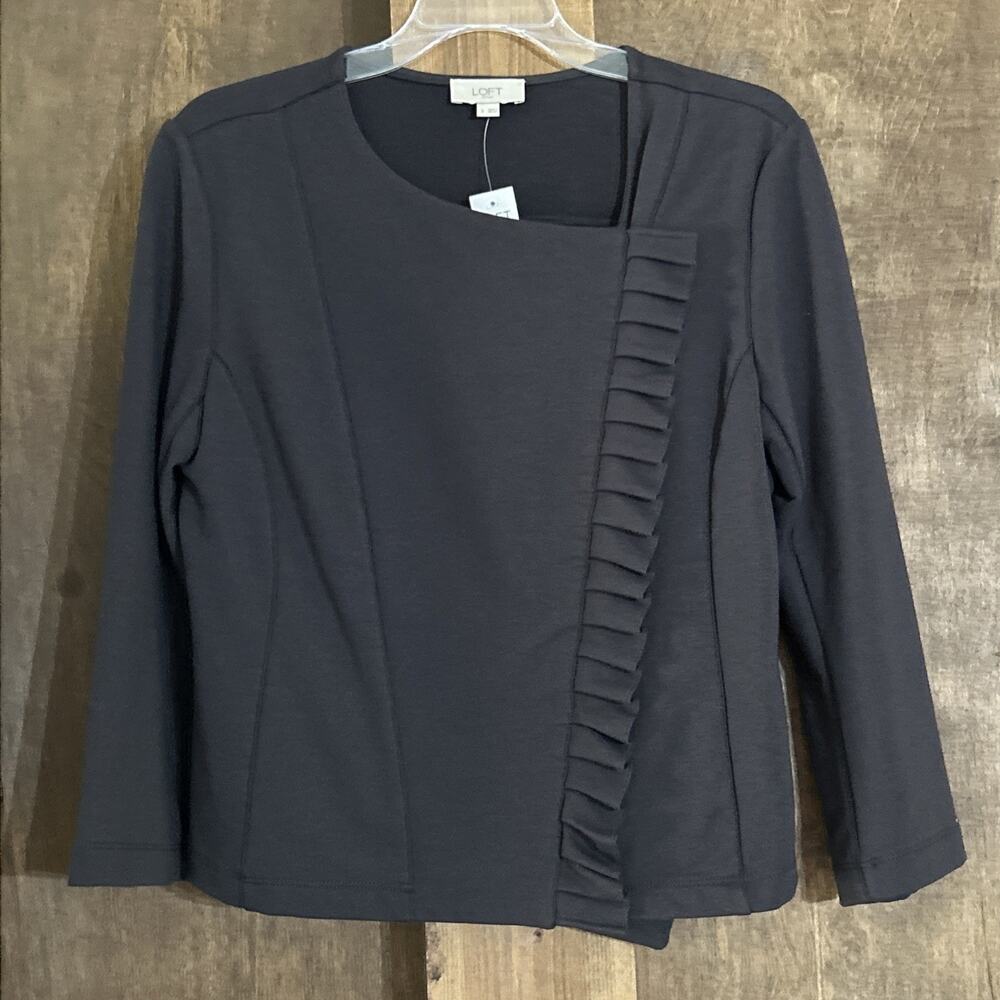 Loft Jacket Cotton Blend Off Center Zip 3/4 Sleeve Ruffle Trim Size S Black